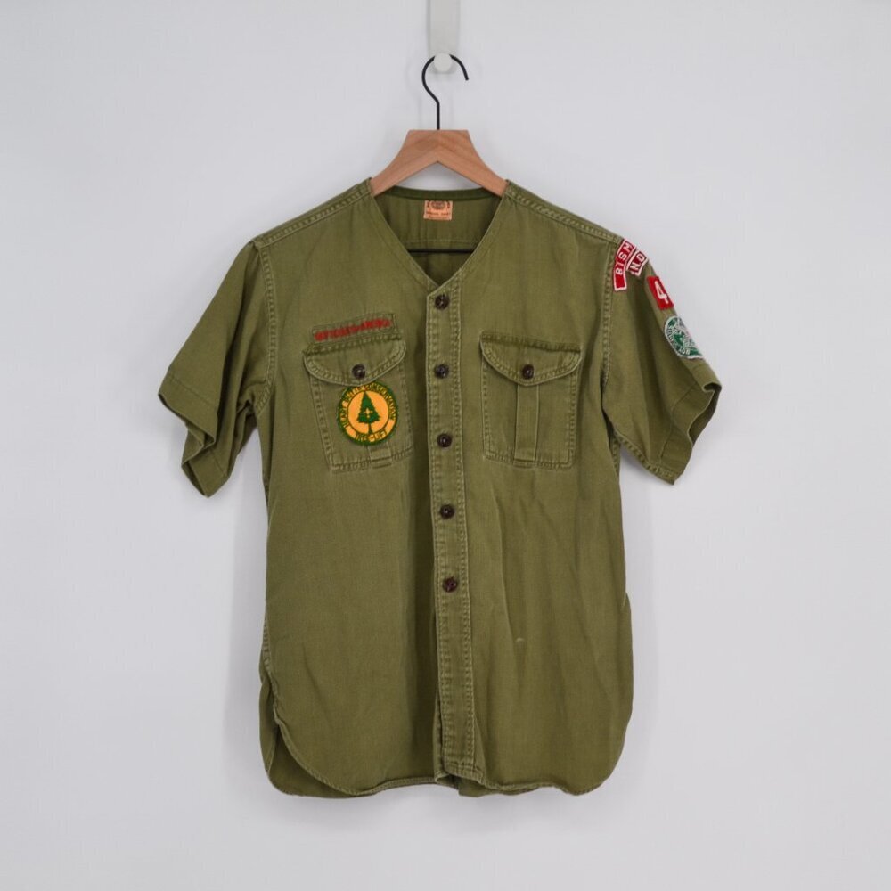 VINTAGE 50s 60s Boy Scouts of America Uniform Shirt Patches BSA USA Green Size S